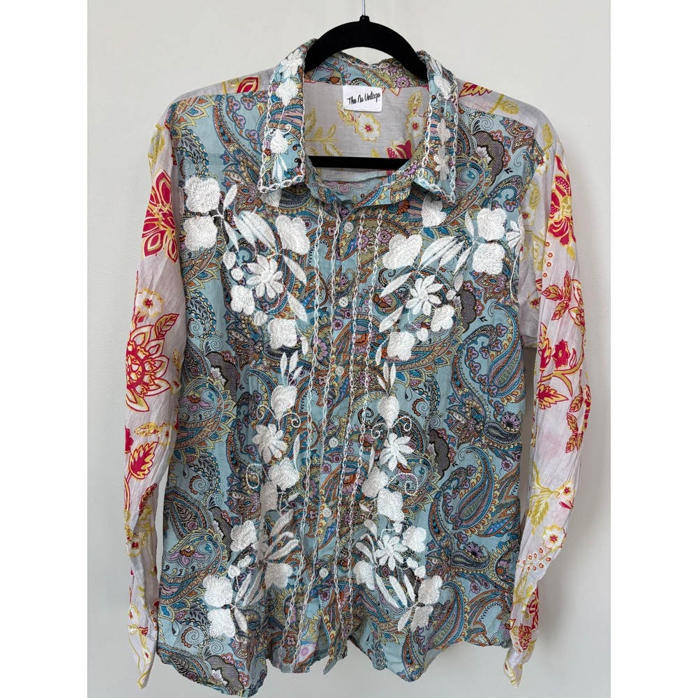 The Nu Vintage Cotton Paisley Floral Embroidered Button Down Shirt Large USA